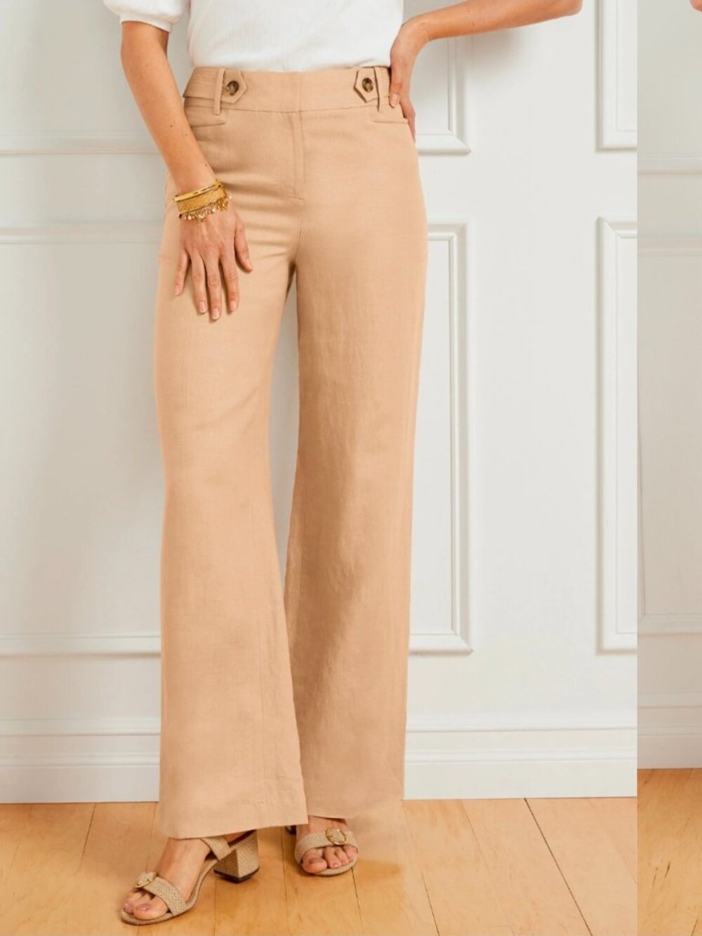 Talbots Belted Wide Leg Linen Tan Trouser Pants